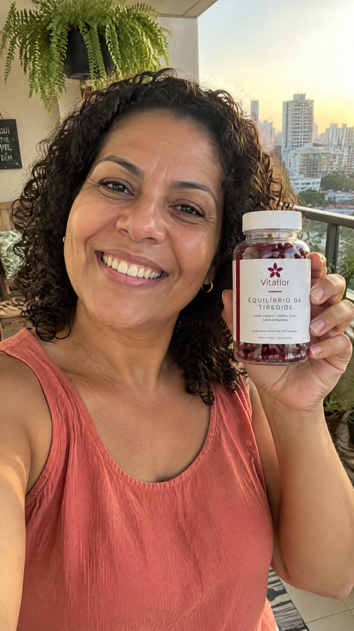 Mulher sorrindo com o frasco de Vitaflor na mão