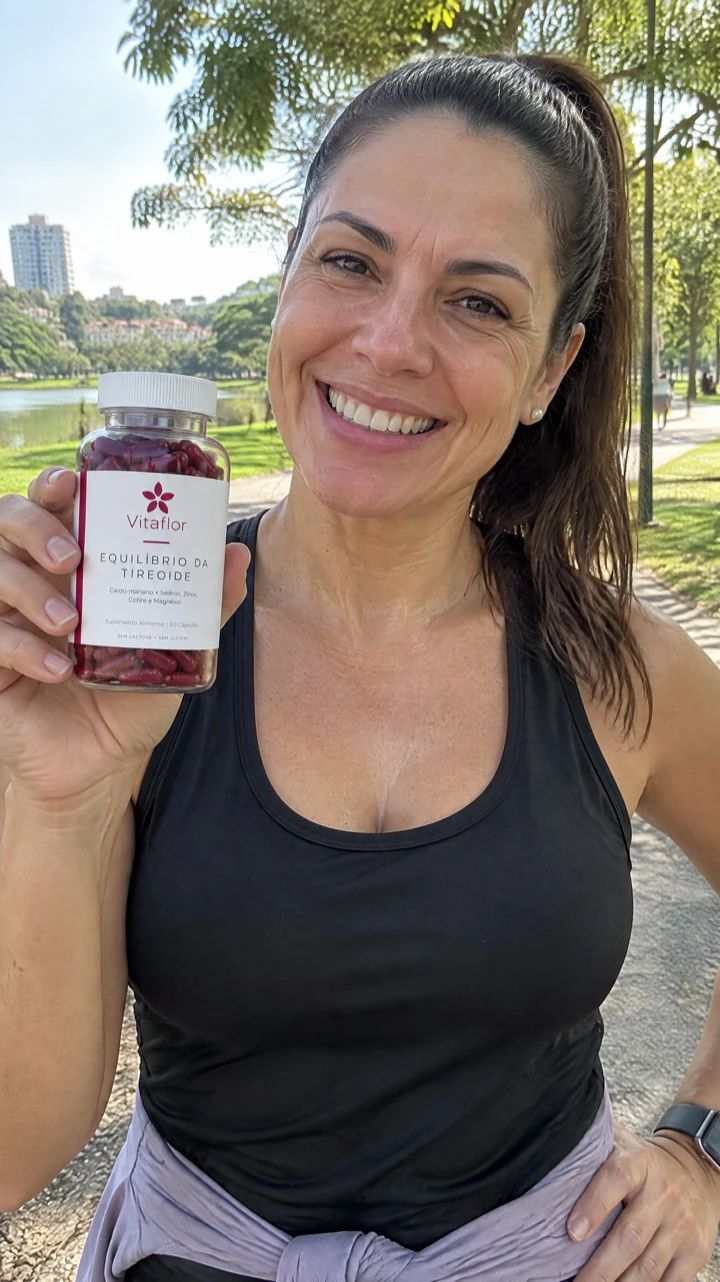 Mulher sorrindo com o frasco de Vitaflor na mão